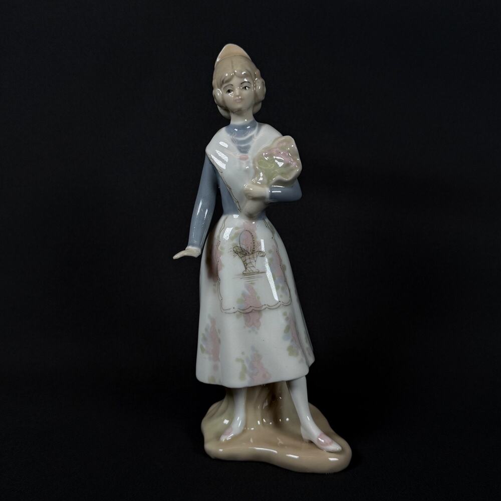 9" Vintage Valencia Spain Girl with Flowers Porcelain Bisque Figurine